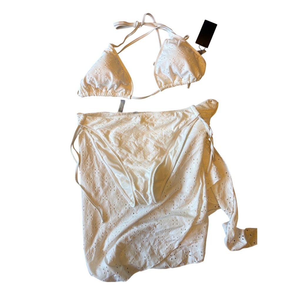 Daci White Eyelet 3 Piece Bikini Set Triangle Top Tie Bottom Sarong Wrap XL NWT